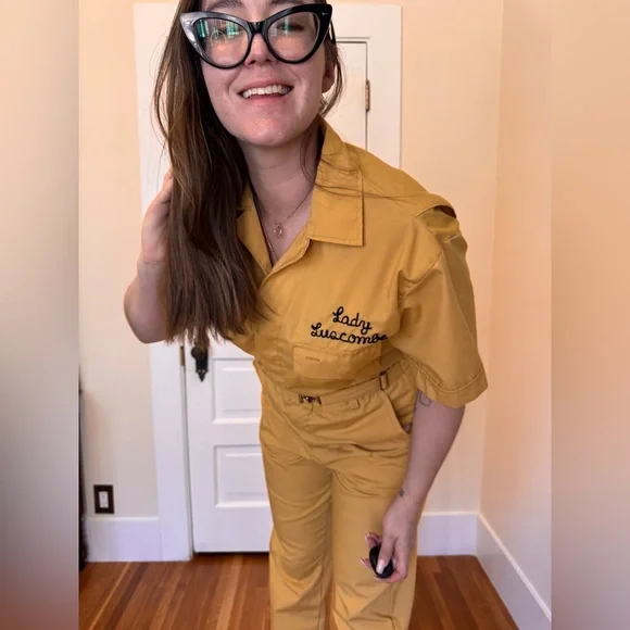 70s Vintage Yellow Cotton Blend Boiler Suit w Chainstitch Detailing Sz M-L - Picture 3 of 15